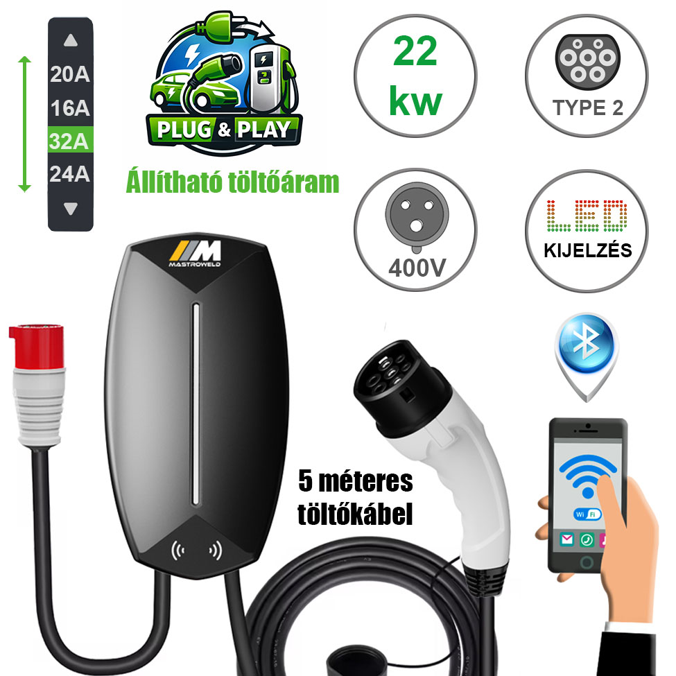 Mastroweld EVoCHARGE fali elektromos autó töltő, 22 kW, 5 m termék fő termékképe